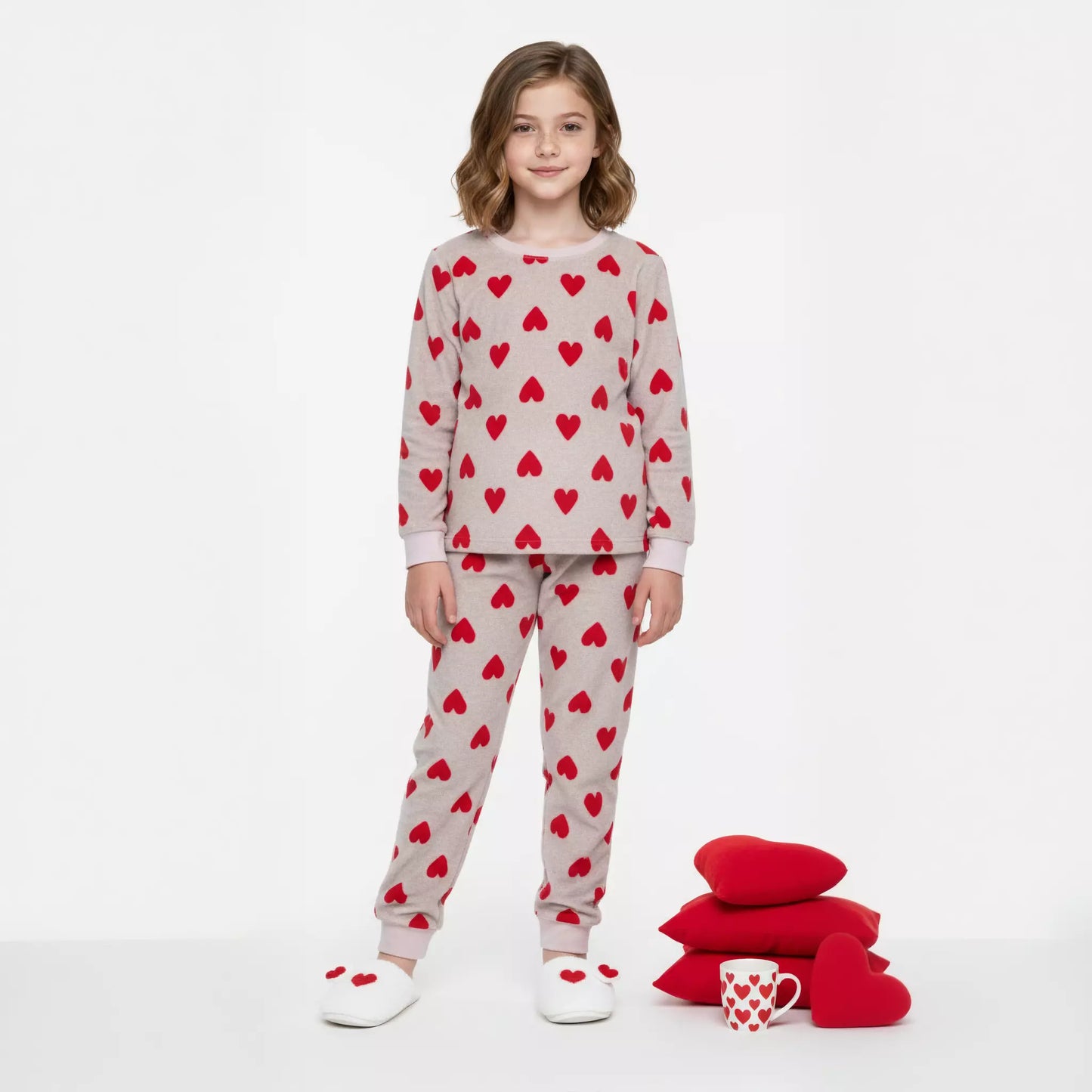 Red Heart Girl Polar Pajama Set- Grey