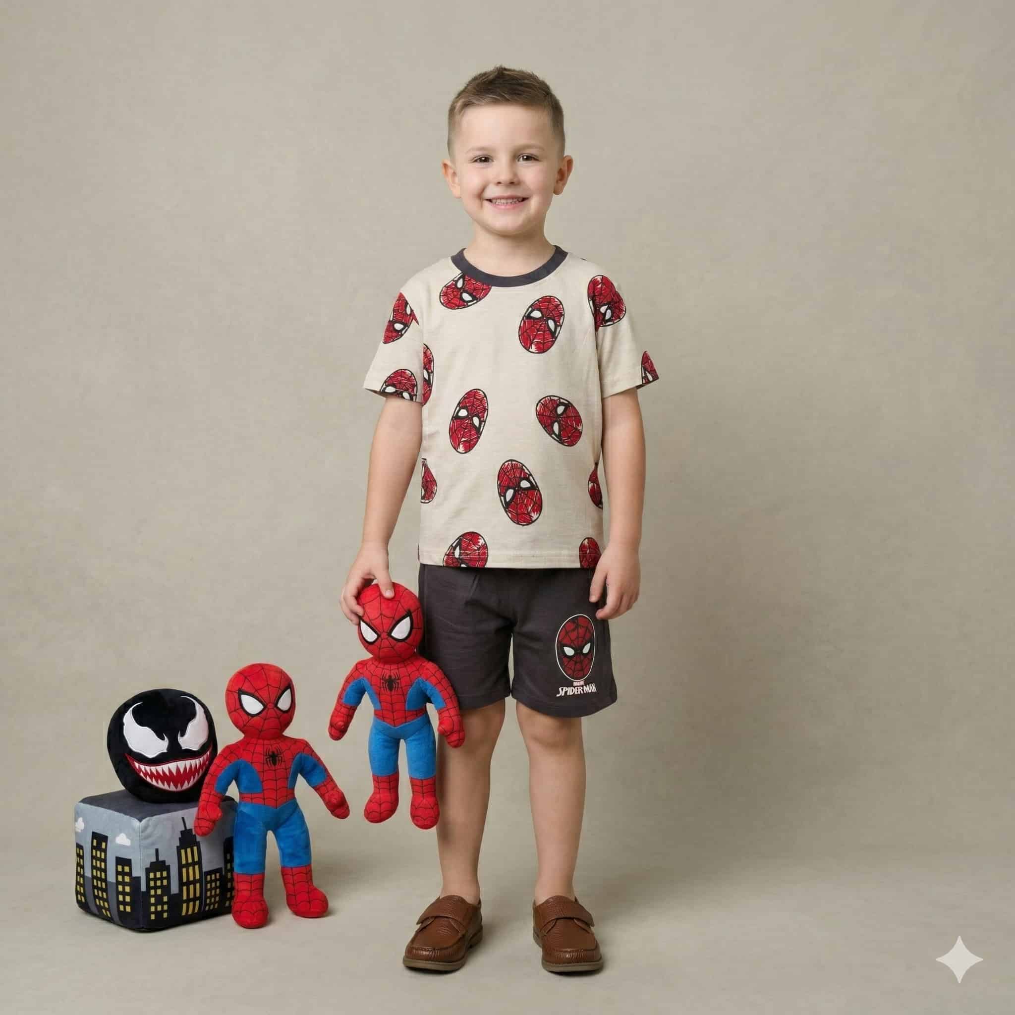 Spiderman Action Print Boys Short Set - khaki