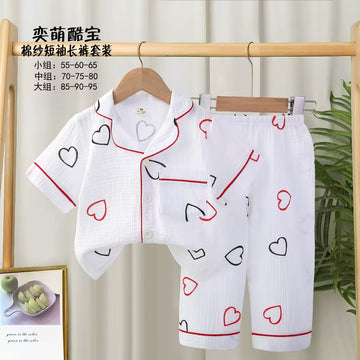Cute Heart Girls Half Sleeves Pajama Set- White