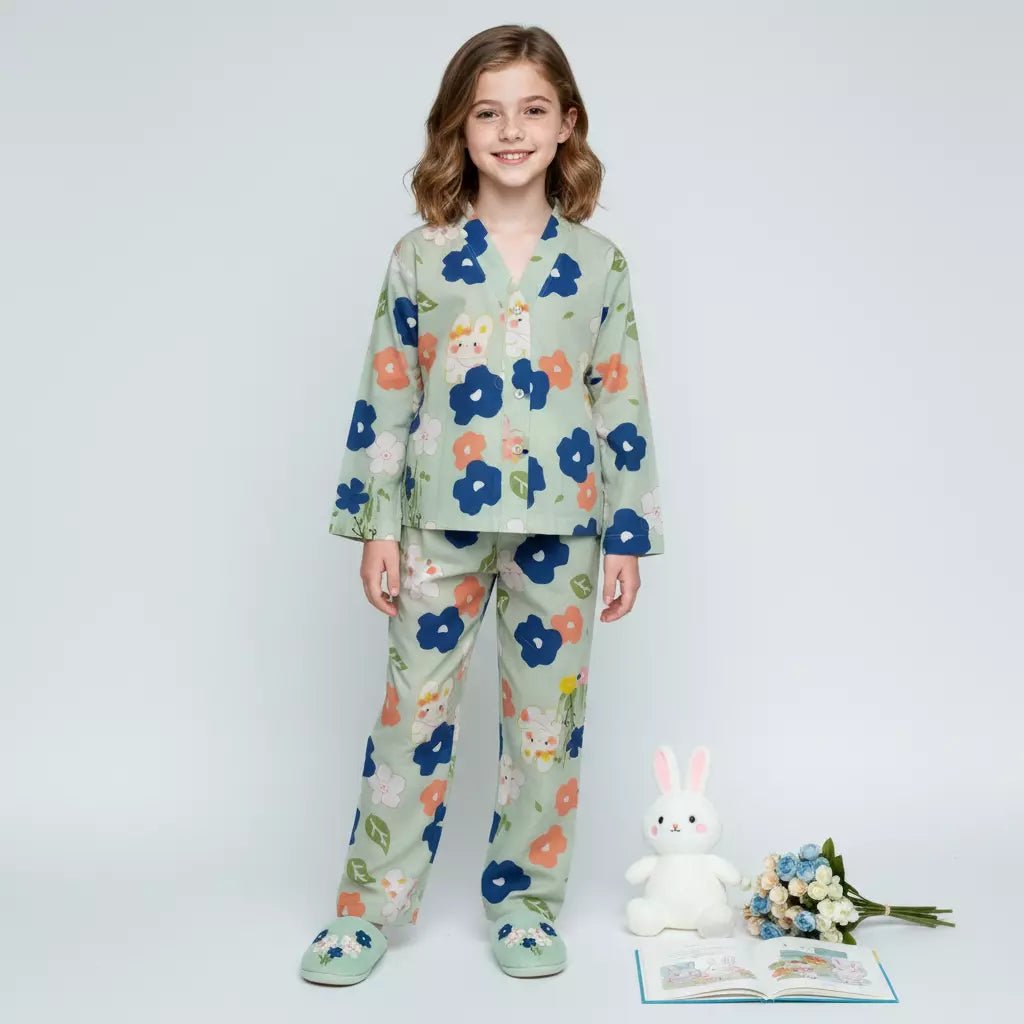 Daisy Girls Woven Rayon Button Pajama Set - Green
