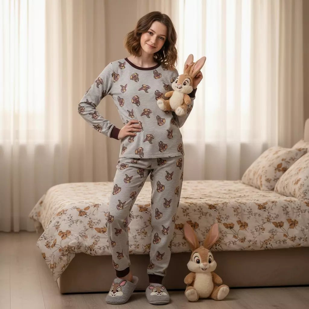 Cute Bunny Full Sleeves Girl Pajama Set- Grey