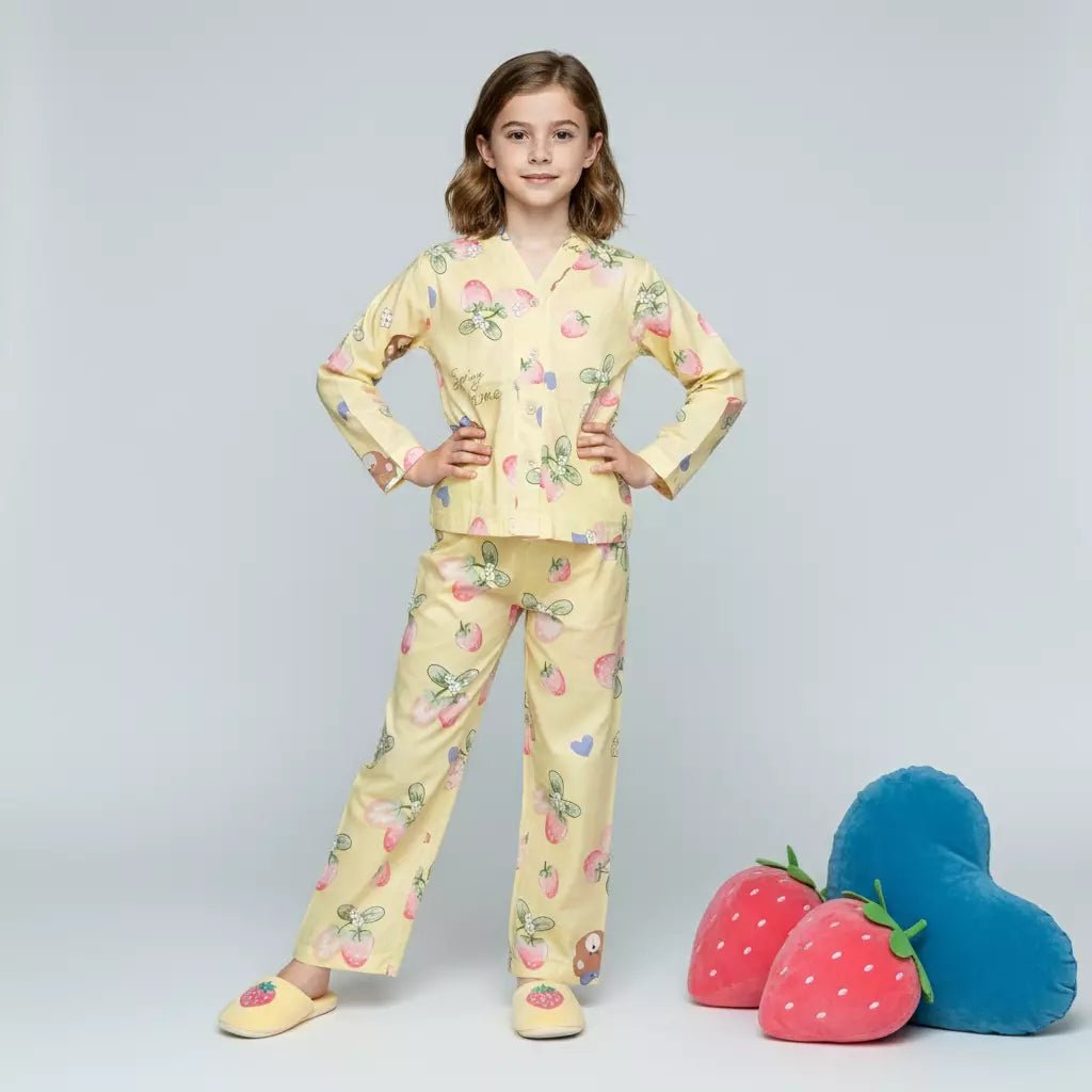 Strawberry Girls Woven Rayon Button Pajama Set - Yellow