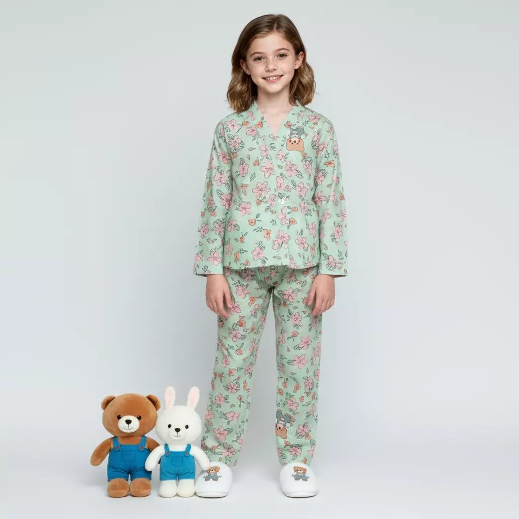 Floral Girls Woven Rayon Button Pajama Set - Green