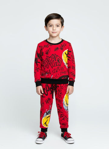 Smiley Boy Sweatshirt Set- Red