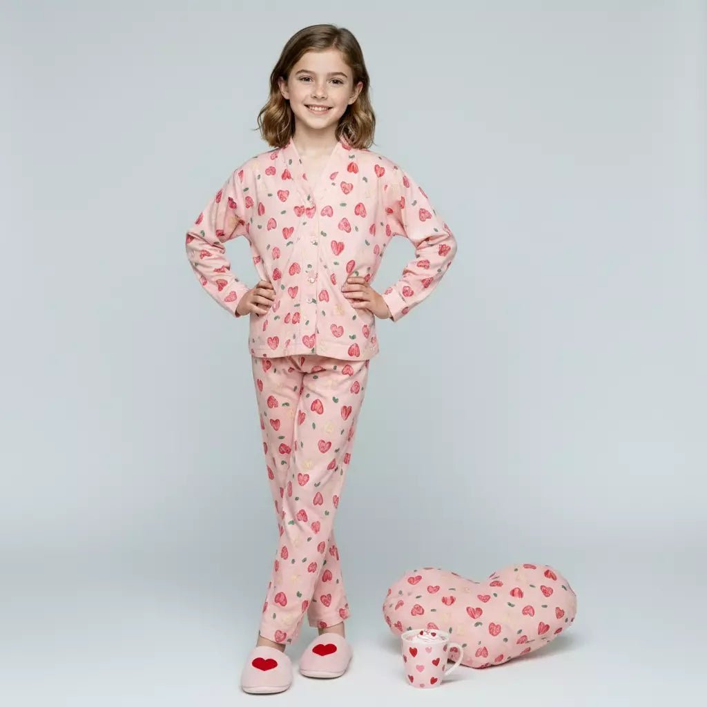 Heart Girls Woven Rayon Button Pajama Set - Peach