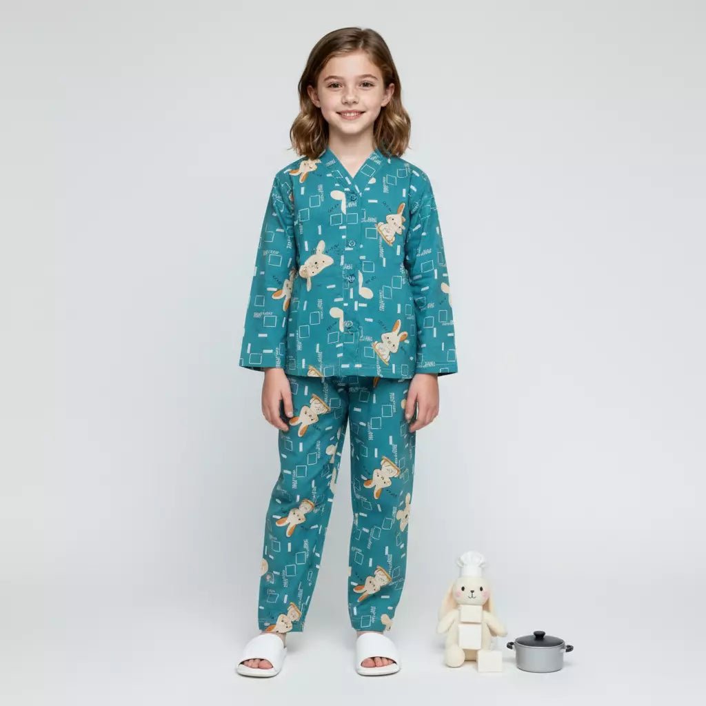 Bunny Girls Woven Rayon Button Pajama Set - Blue