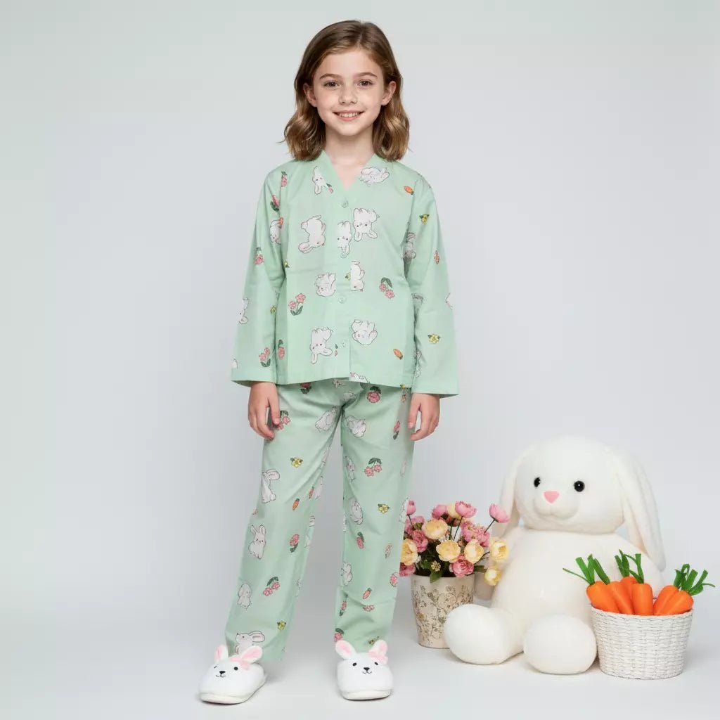 Rabbit Girls Woven Rayon Button Pajama Set - Green