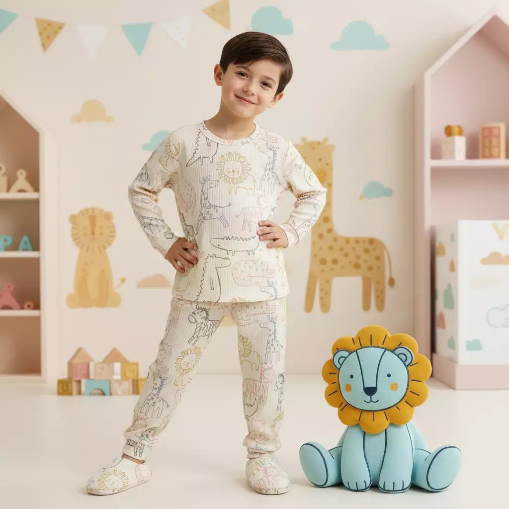 Doodle Safari Boy Pajama Set- Off white
