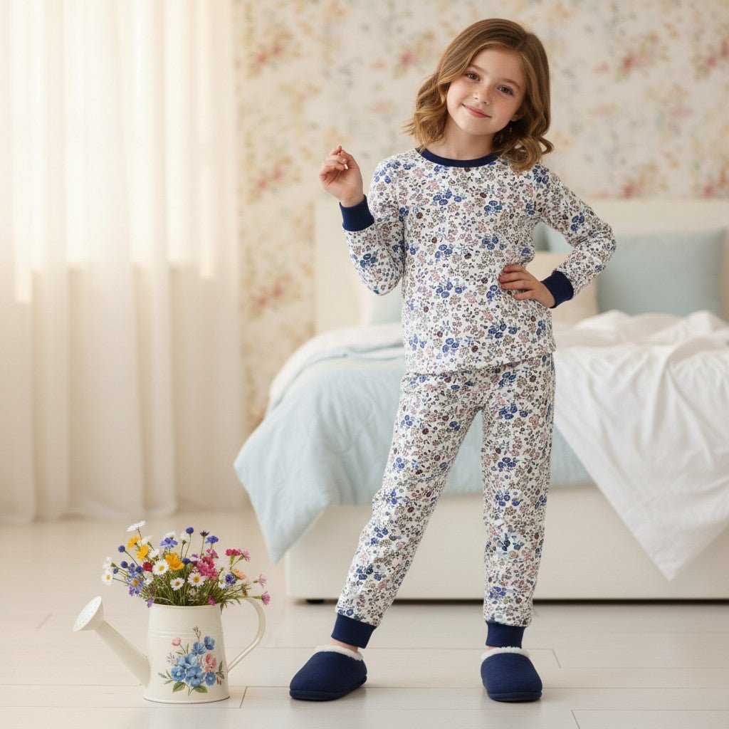 Blossom Flower Full Sleeves Girl Pajama Set- White
