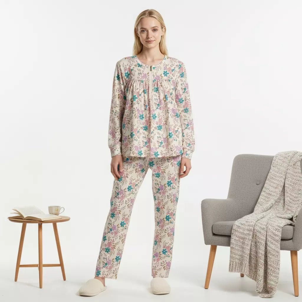 Blossom Flower Zip Neck Women Pajama Set- Beige