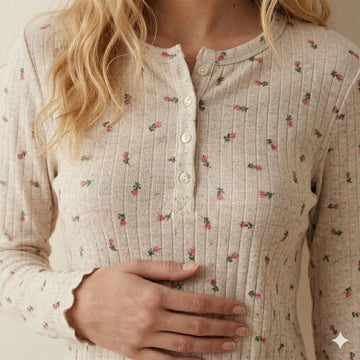 Pink Rose Flower Women Pajama Set- Beige