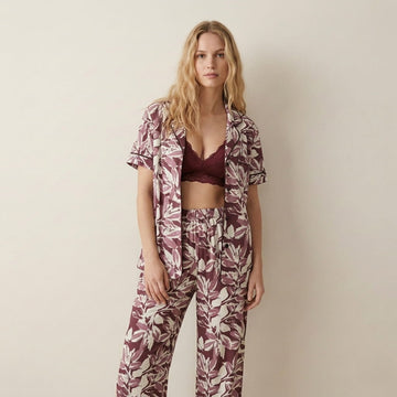 Floral Stroke Women Button Pajama Set- Maroon