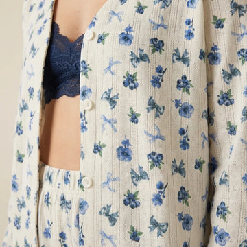 Blueberry Full Button Women Pajama Set- Blue