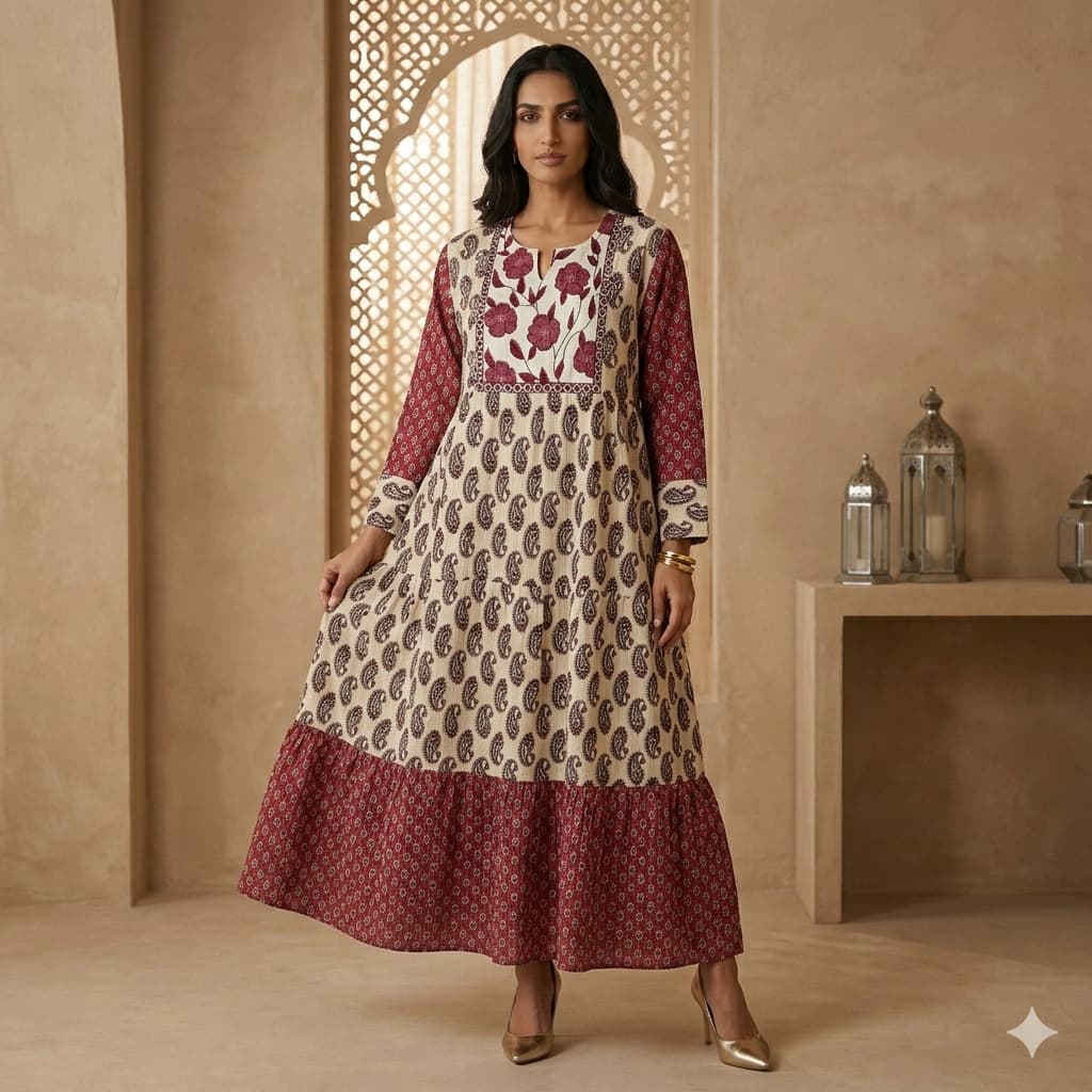 Floral Embroidered Tiered Women Daraa- Maroon