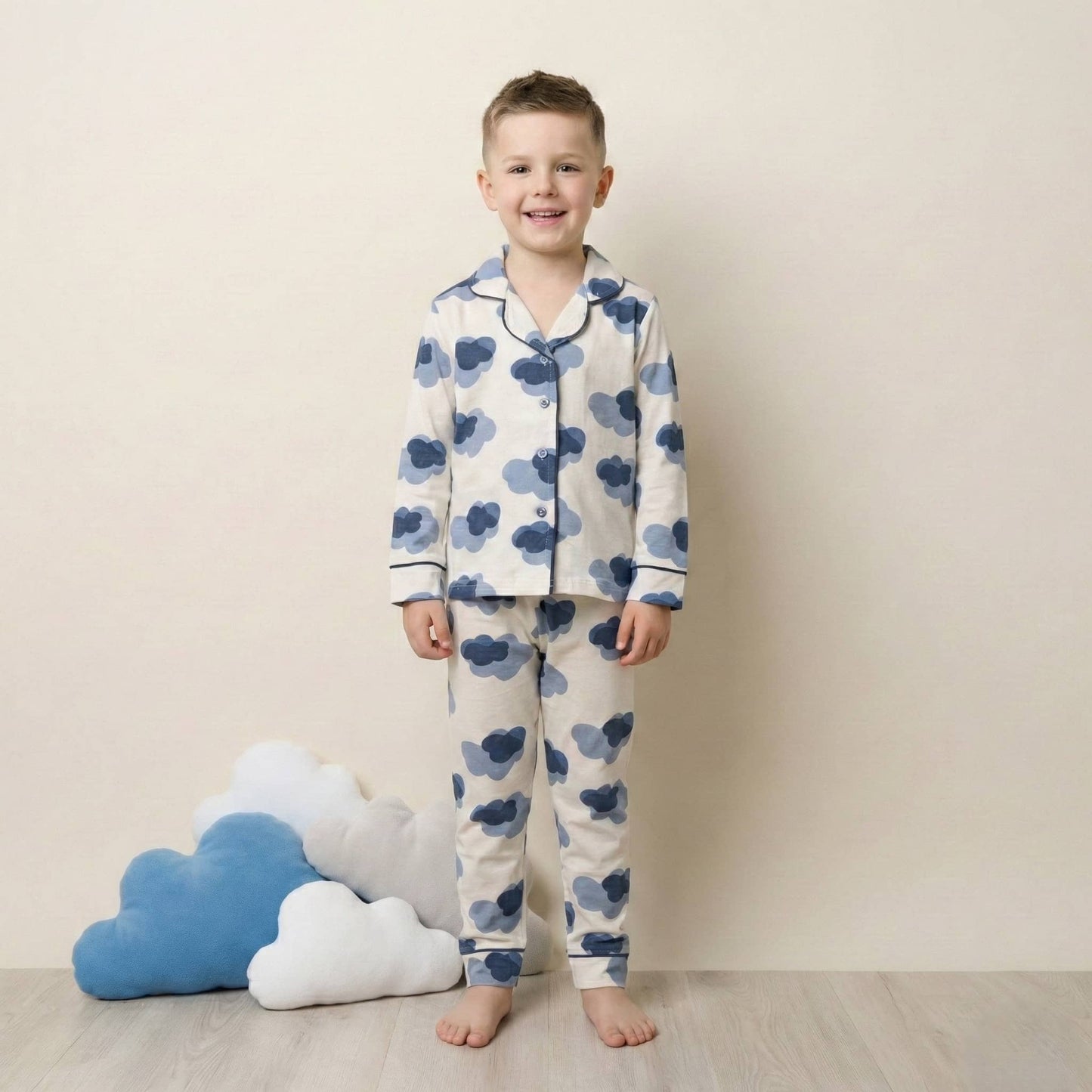 Cloud Button Boy Pajama Set- White