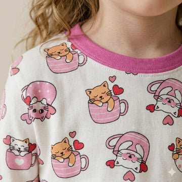 Kitty Cup Girl Pajama Set- Magenta Pink