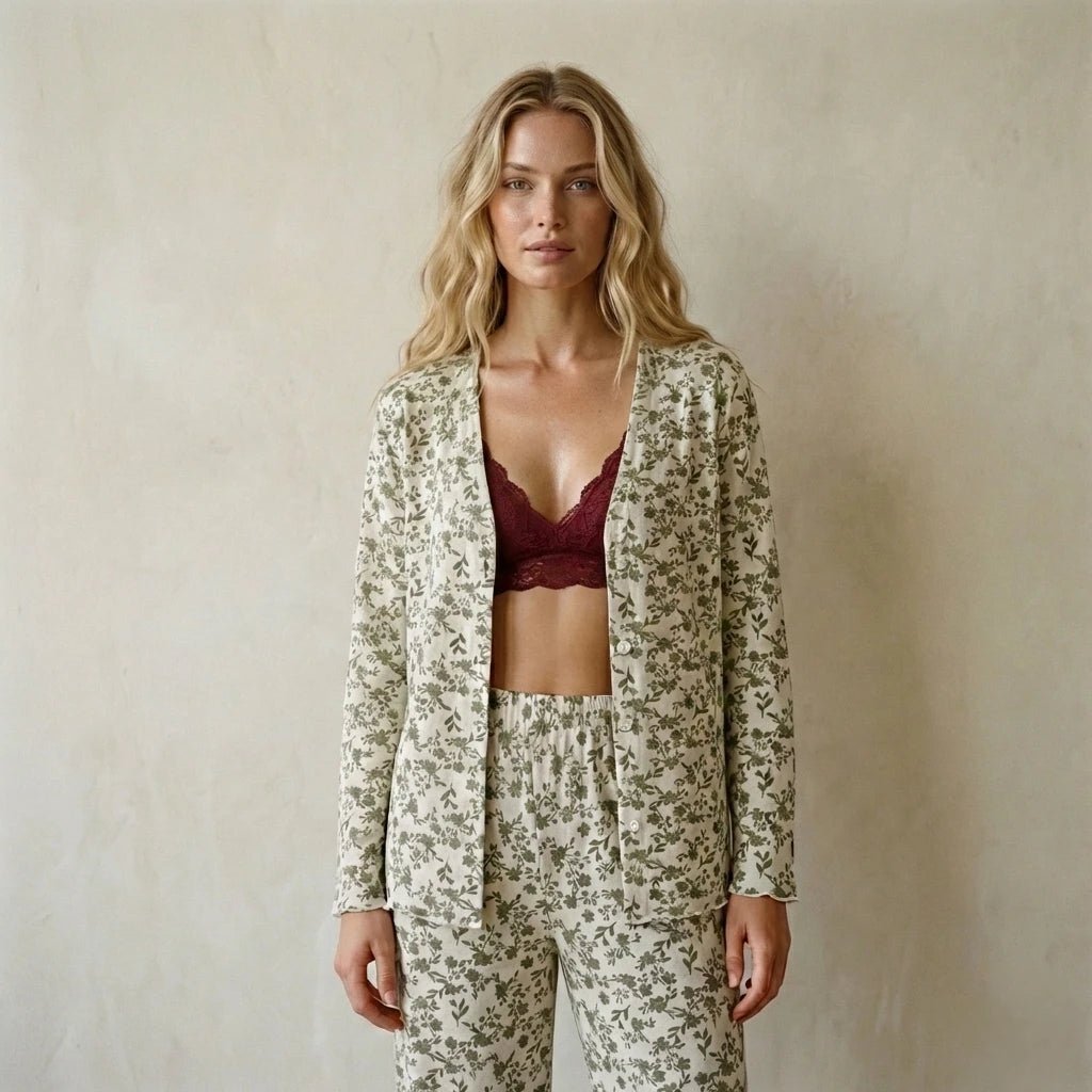 Green Flora Full Button Women Pajama Set- Green