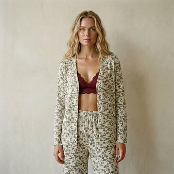 Green Flora Full Button Women Pajama Set- Green