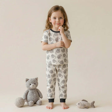 Purr Cat Girls Half Sleeves Pajama Set - Grey