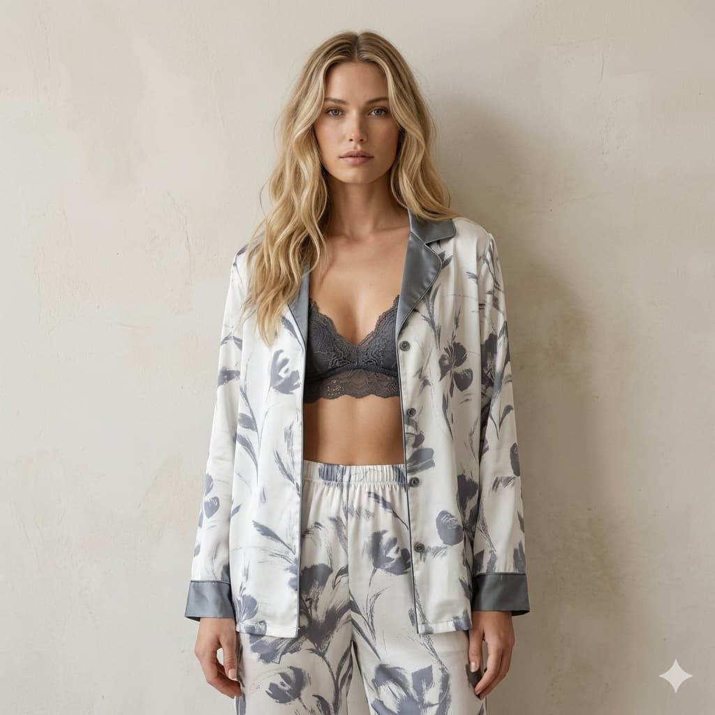 Silky Floral Women Pajama Set- Silver Blue