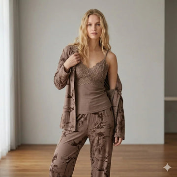 The Textured Lace 3pc Women Pajamas- Dark Brown