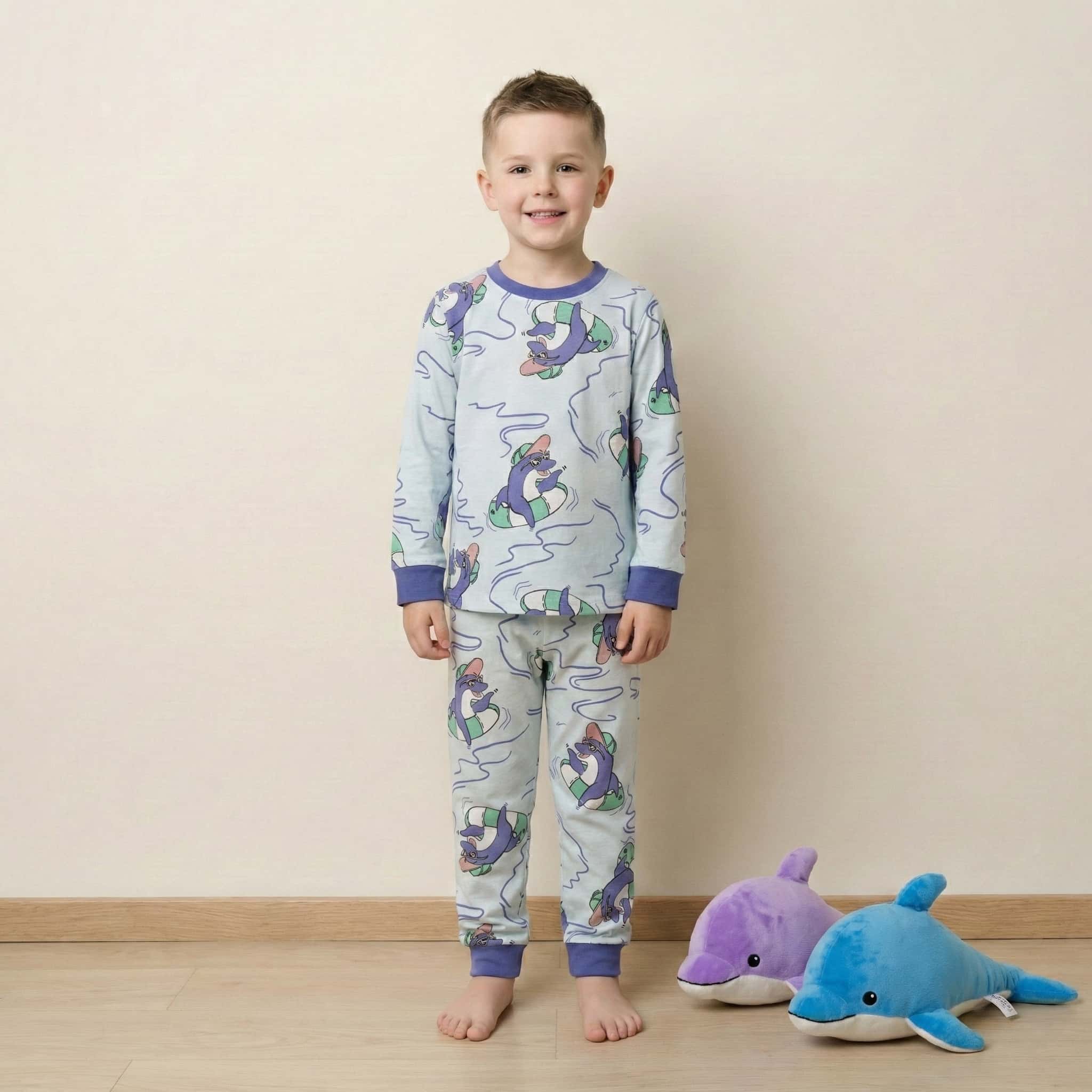 Cool Dolphin Boy Full Sleeves Pajama Set-Blue