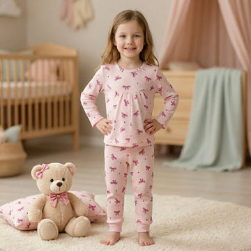 Pink Bow Girl Pajama Set- Pink