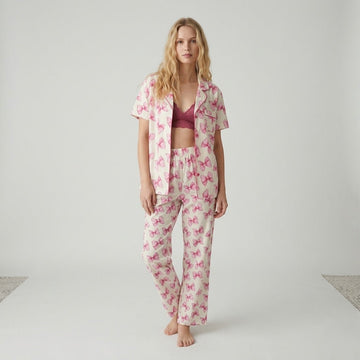 Pink Bow Women Button Pajama Set- Pink