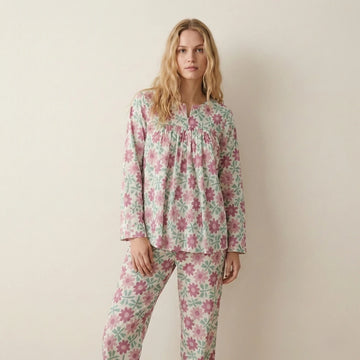 Pink Flower Zip Neck Women Pajama Set- Pink
