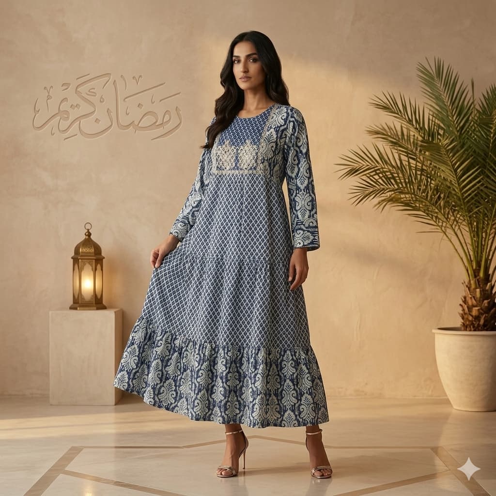 Embroidered Tiered Women Daraa- Indigo Blue