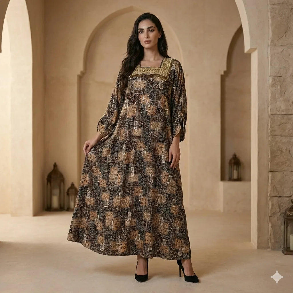 Mirror-Work Patchwork Women Daraa- Charcoal & Amber