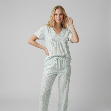 Floral Waves Women Button Pajama Set- Sea Blue