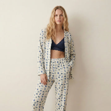 Blueberry Full Button Women Pajama Set- Blue