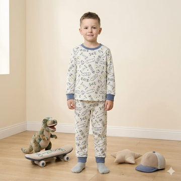 Skate Board Outline Boy Pajama Set- White