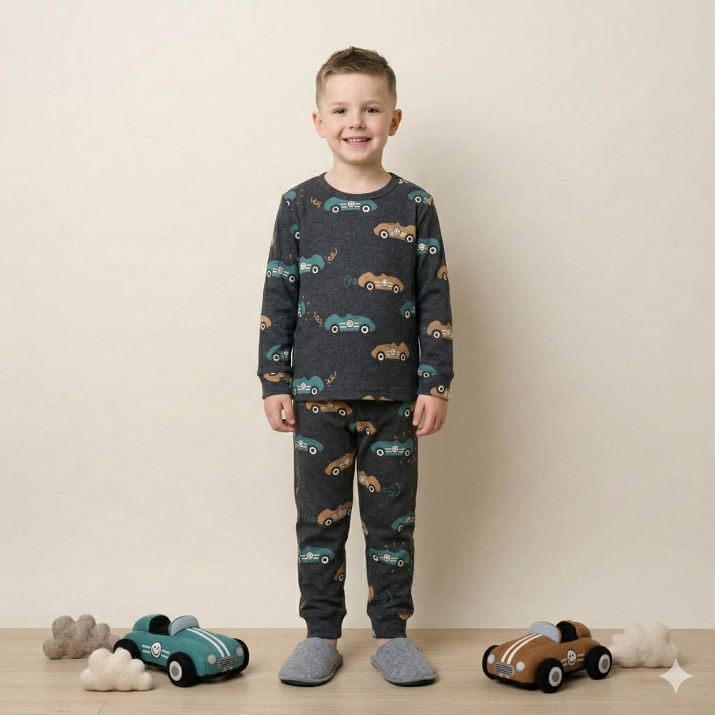 Doodle Car Boy Full Sleeves Pajama Set- Black.