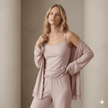 Solid Ribbed 3pc Women Pajamas- Dusty Rose