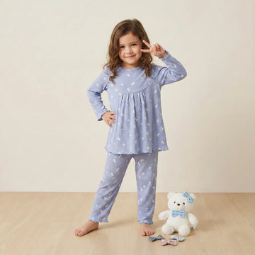 Small Bow Girl Pajama Set- Blue