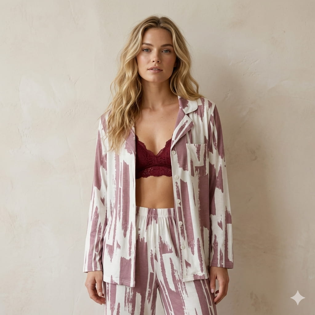 Thick Stripe Women Pajama Set- Fade Red