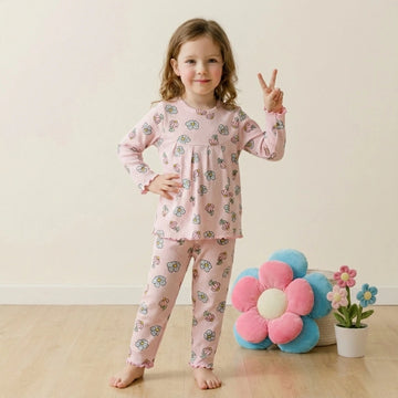 Pink Blue Flower Girl Pajama Set- Pink