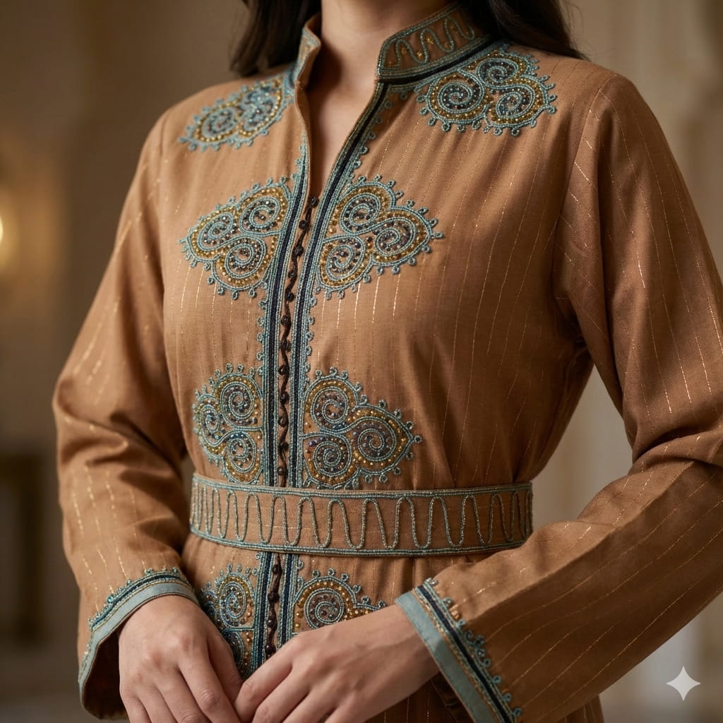 Medallion Embroidered Women Daraa- Honey Camel