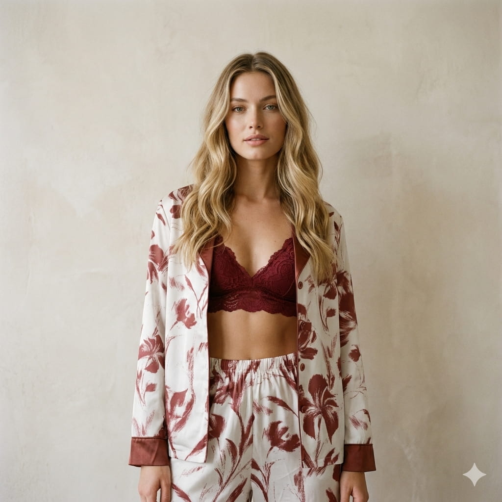 Silky Floral Women Pajama Set- Maroon