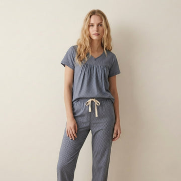 White Dotted Women Button Pajama Set- Dark Blue