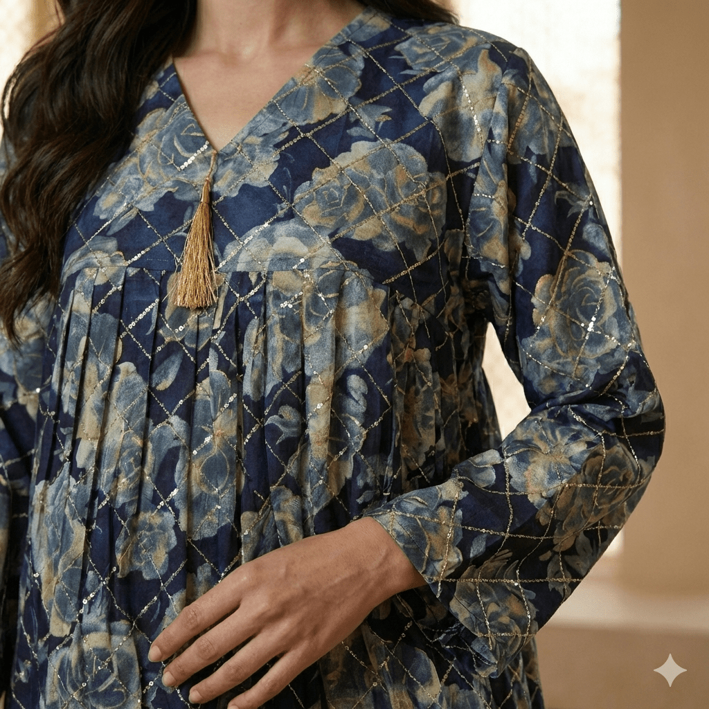 Royal Blue Floral Lattice Women Daraa- Navy Blue