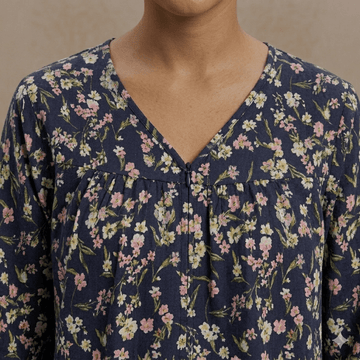 Midnight Bloom Women Pajama Set- Navy Blue