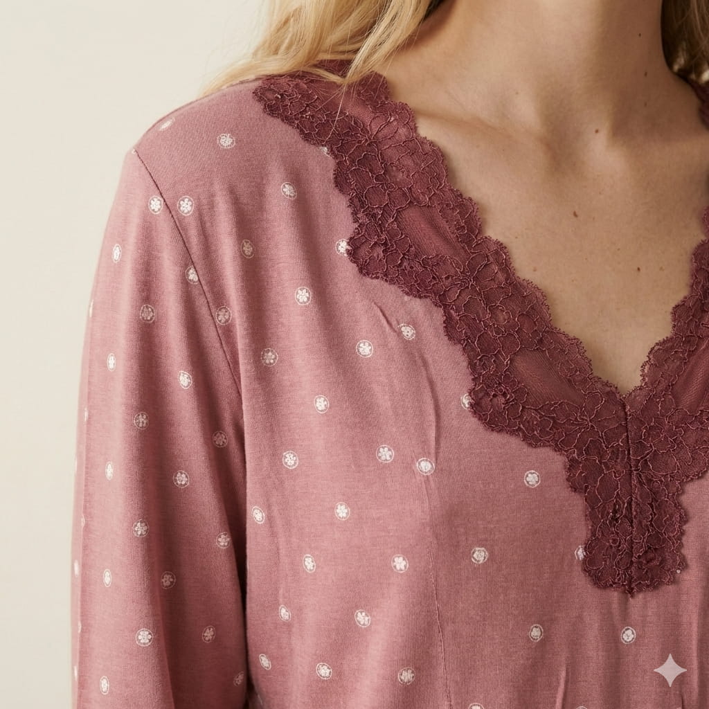 Lace Dot Women Pajama Set-Dark Pink