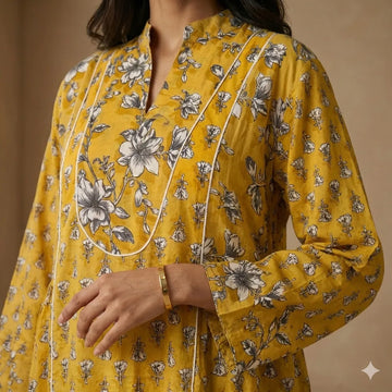 The Floral Tiered Women Daraa- Mustard Yellow