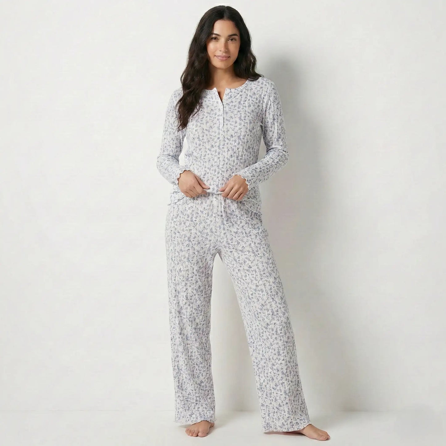 Blue Mini Flower Women Pajama Set- Blue