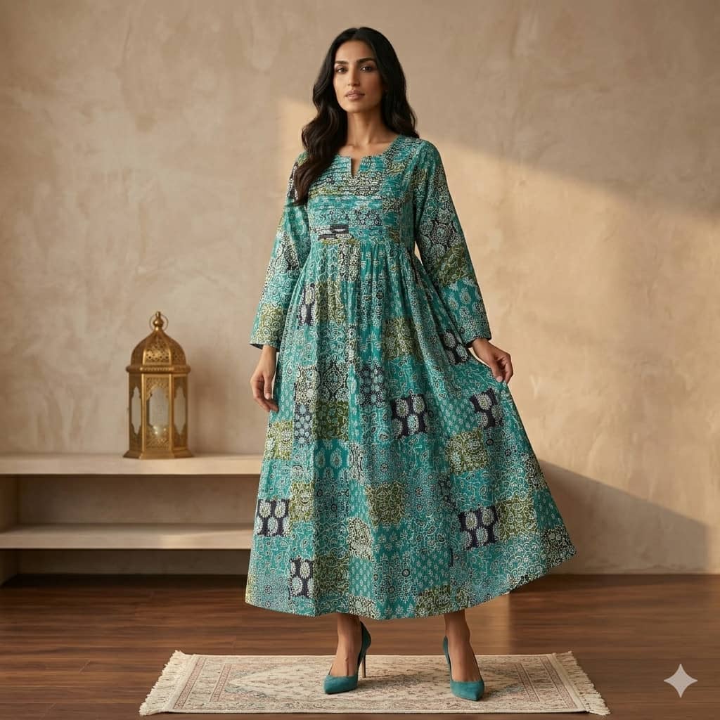 Pleated Patchwork Women Daraa- Emerald