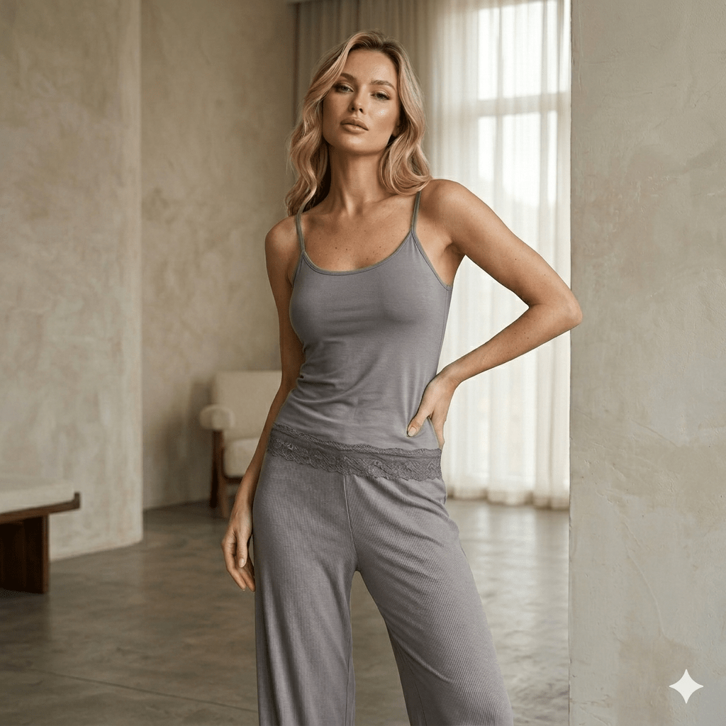 Solid Ribbed 3pc Women Pajamas- Grey