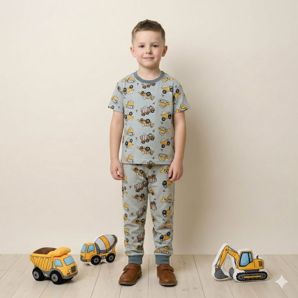 Construction Vehicle  Boy Pajama Set-Grey Blue